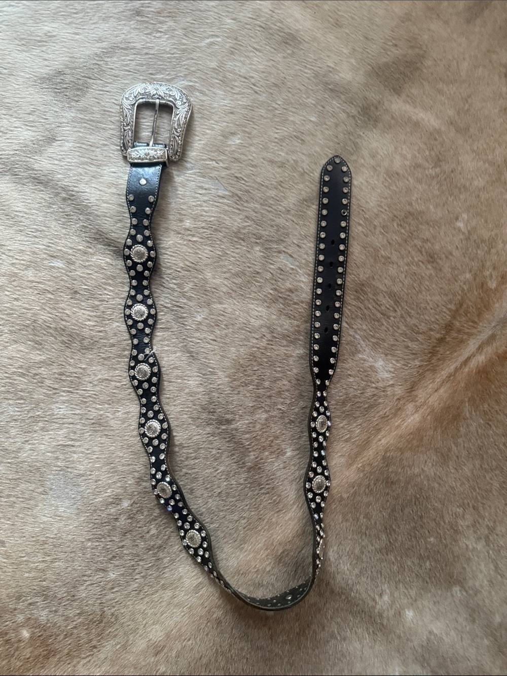 Studded Black Western Leather Belt with Silver Conchos in excellent condition